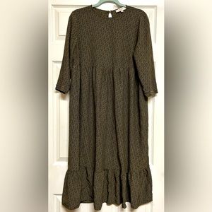 LOFT Forest Green Black Floral Midi Dress